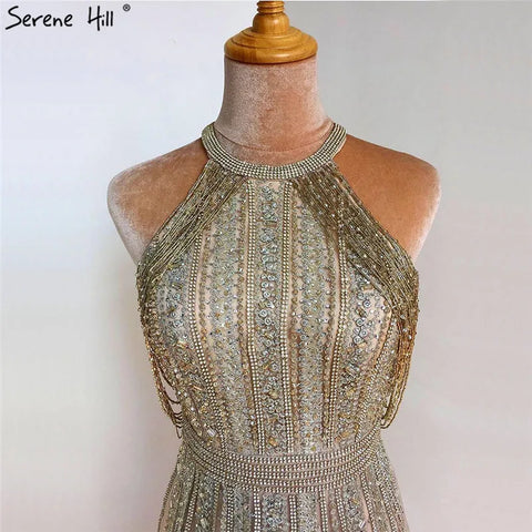 Vestidos de noche formales de lujo de Dubái, corte A, con borlas y cuentas doradas, para mujer, vestidos de fiesta de boda 2025 LA70357 