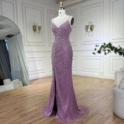 Vestidos de noche estilo sirena, color rosa árabe, con abertura alta, tirantes finos y perlas, ideales para bodas y fiestas (LA72464) 
