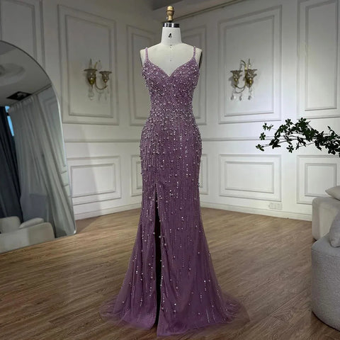 Vestidos de noche estilo sirena, color rosa árabe, con abertura alta, tirantes finos y perlas, ideales para bodas y fiestas (LA72464) 