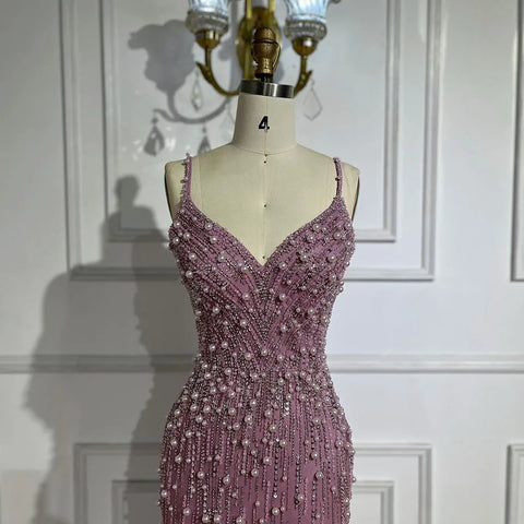 Vestidos de noche estilo sirena, color rosa árabe, con abertura alta, tirantes finos y perlas, ideales para bodas y fiestas (LA72464) 