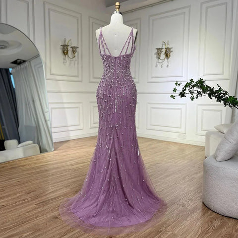 Vestidos de noche estilo sirena, color rosa árabe, con abertura alta, tirantes finos y perlas, ideales para bodas y fiestas (LA72464) 