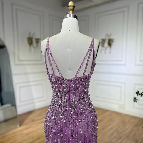Vestidos de noche estilo sirena, color rosa árabe, con abertura alta, tirantes finos y perlas, ideales para bodas y fiestas (LA72464) 