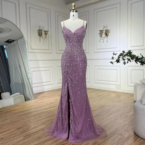 Vestidos de noche estilo sirena, color rosa árabe, con abertura alta, tirantes finos y perlas, ideales para bodas y fiestas (LA72464) 