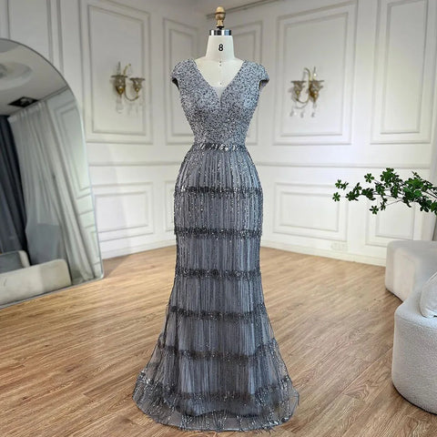 Robe de soirée de luxe style sirène dorée, style arabe de Dubaï, élégante, avec pompons et perles, pour mariage, 2025, LA72581 