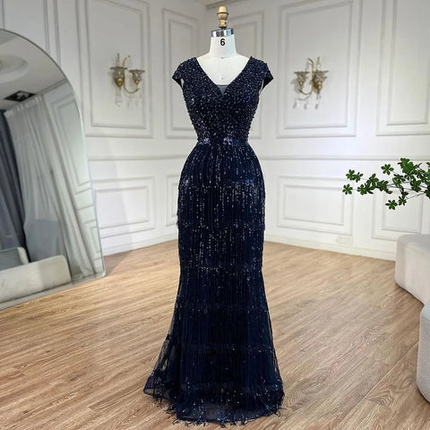 Robe de soirée de luxe style sirène dorée, style arabe de Dubaï, élégante, avec pompons et perles, pour mariage, 2025, LA72581 