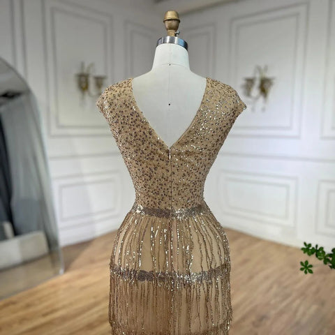 Robe de soirée de luxe style sirène dorée, style arabe de Dubaï, élégante, avec pompons et perles, pour mariage, 2025, LA72581 