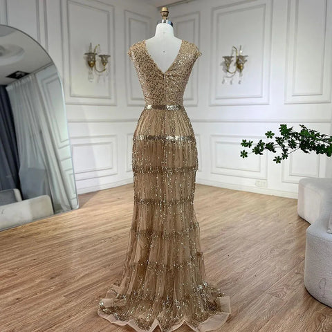 Robe de soirée de luxe style sirène dorée, style arabe de Dubaï, élégante, avec pompons et perles, pour mariage, 2025, LA72581 