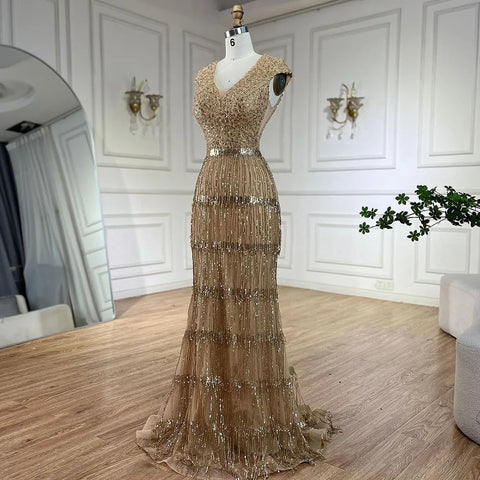 Robe de soirée de luxe style sirène dorée, style arabe de Dubaï, élégante, avec pompons et perles, pour mariage, 2025, LA72581 