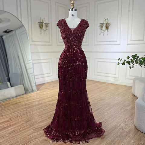Robe de soirée de luxe style sirène dorée, style arabe de Dubaï, élégante, avec pompons et perles, pour mariage, 2025, LA72581 