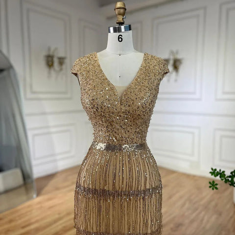 Robe de soirée de luxe style sirène dorée, style arabe de Dubaï, élégante, avec pompons et perles, pour mariage, 2025, LA72581 