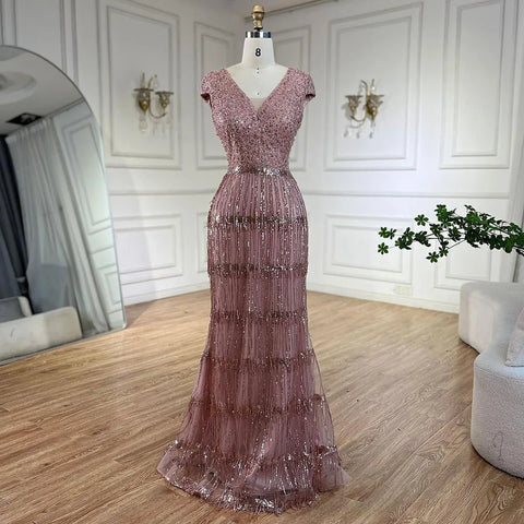 Robe de soirée de luxe style sirène dorée, style arabe de Dubaï, élégante, avec pompons et perles, pour mariage, 2025, LA72581 
