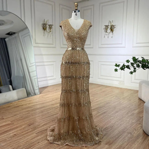Robe de soirée de luxe style sirène dorée, style arabe de Dubaï, élégante, avec pompons et perles, pour mariage, 2025, LA72581 