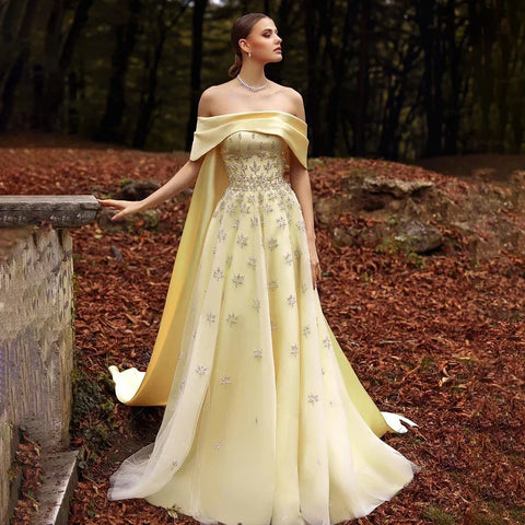 Vestido de noche largo de lujo árabe de Dubái, elegante, amarillo, con escote barco y cuentas, para mujer, para fiesta de boda, LA72531 