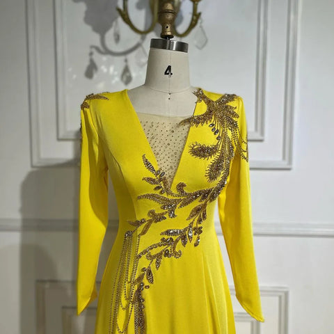 Vestidos de noche elegantes de sirena amarilla árabe de Dubái con borlas y cuentas para mujer, para boda, fiesta, 2025, LA72555 