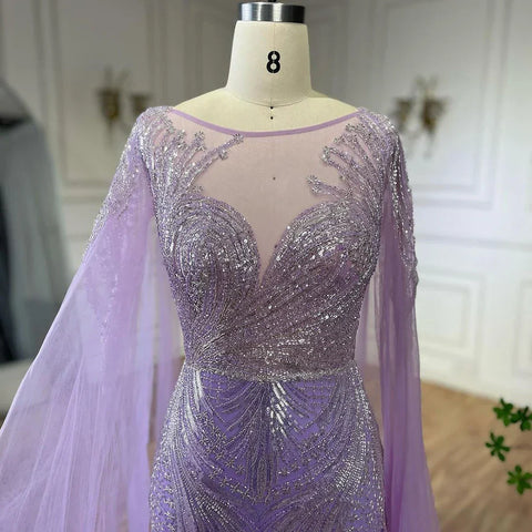 Vestido de noche elegante de sirena con mangas estilo capa y cuentas, color lila árabe de Dubái, para mujer, fiesta 2025, LA72532 