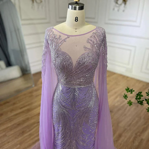 Vestido de noche elegante de sirena con mangas estilo capa y cuentas, color lila árabe de Dubái, para mujer, fiesta 2025, LA72532 