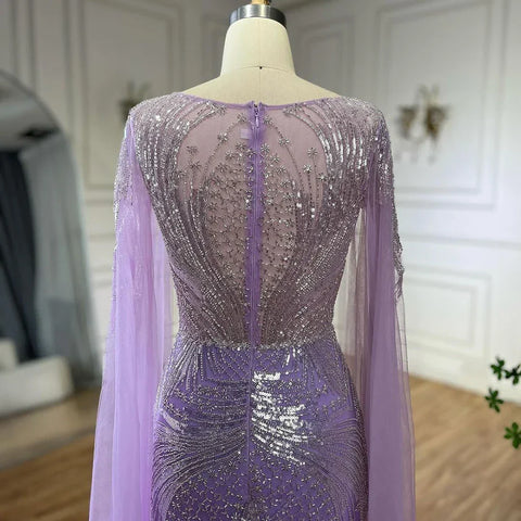 Vestido de noche elegante de sirena con mangas estilo capa y cuentas, color lila árabe de Dubái, para mujer, fiesta 2025, LA72532 