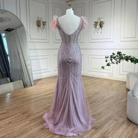 Lujosos vestidos de noche de sirena azul de Dubái sin tirantes, con perlas, plumas y cuentas, para mujer, para bodas y fiestas LA72578 