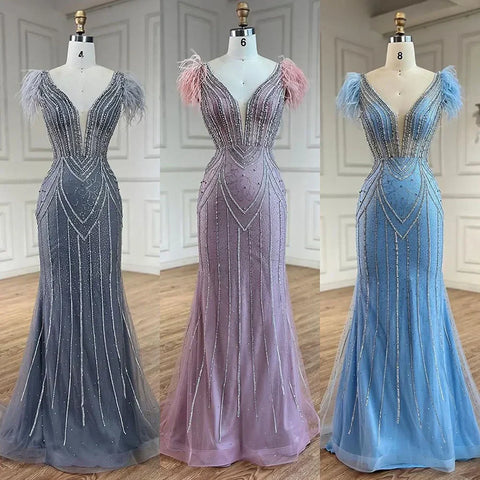 Lujosos vestidos de noche de sirena azul de Dubái sin tirantes, con perlas, plumas y cuentas, para mujer, para bodas y fiestas LA72578 