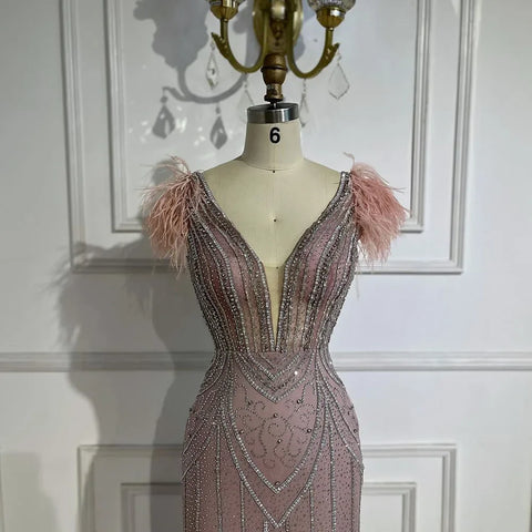 Lujosos vestidos de noche de sirena azul de Dubái sin tirantes, con perlas, plumas y cuentas, para mujer, para bodas y fiestas LA72578 