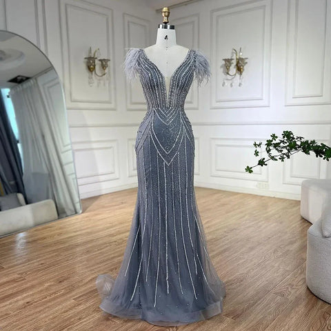Lujosos vestidos de noche de sirena azul de Dubái sin tirantes, con perlas, plumas y cuentas, para mujer, para bodas y fiestas LA72578 