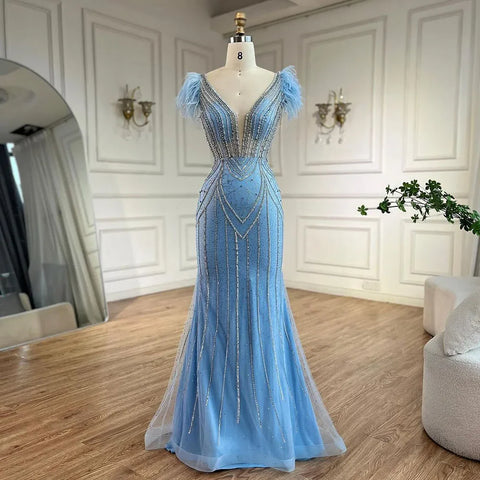 Lujosos vestidos de noche de sirena azul de Dubái sin tirantes, con perlas, plumas y cuentas, para mujer, para bodas y fiestas LA72578 
