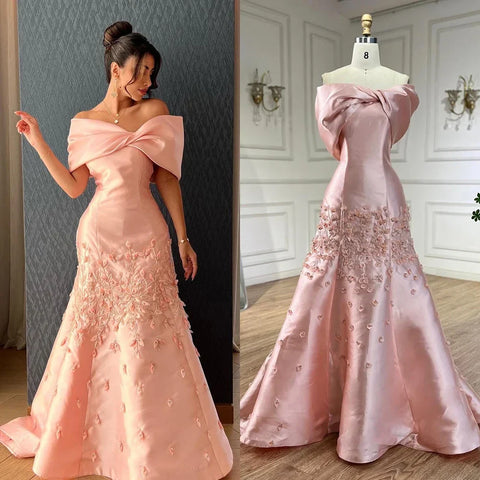 Vestidos de noche largos de satén color melocotón con apliques elegantes de Dubái para mujer, para boda, fiesta, 2025, LA72483 