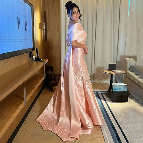 Vestidos de noche largos de satén color melocotón con apliques elegantes de Dubái para mujer, para boda, fiesta, 2025, LA72483 