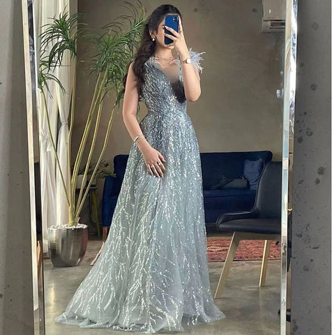 Vestidos de noche de lujo con plumas de Dubái 2025, sexys, con escote en V y cuentas azules, largos, formales, para mujer, boda, LA71805 