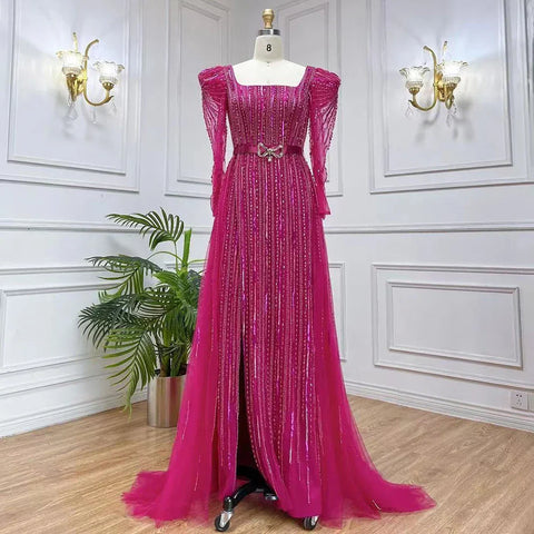 On Sale no return no refund Luxury Dubai Fuchsia Evening Dresses for Women Wedding 2025 Long Sleeve Overskirt Arabic Formal Party LA71678