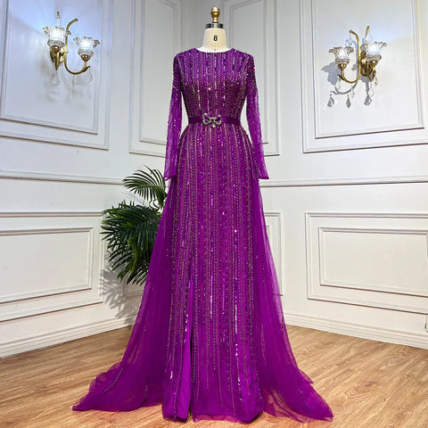 On Sale no return no refund Luxury Dubai Fuchsia Evening Dresses for Women Wedding 2025 Long Sleeve Overskirt Arabic Formal Party LA71678