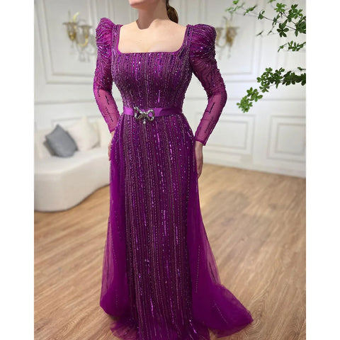 On Sale no return no refund Luxury Dubai Fuchsia Evening Dresses for Women Wedding 2025 Long Sleeve Overskirt Arabic Formal Party LA71678