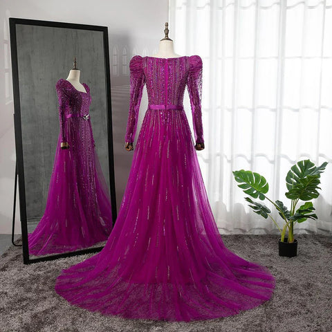 On Sale no return no refund Luxury Dubai Fuchsia Evening Dresses for Women Wedding 2025 Long Sleeve Overskirt Arabic Formal Party LA71678