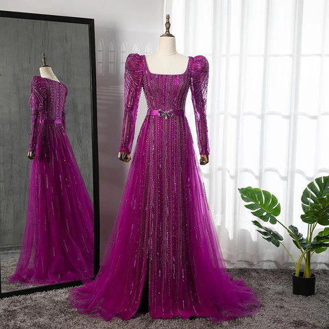 On Sale no return no refund Luxury Dubai Fuchsia Evening Dresses for Women Wedding 2025 Long Sleeve Overskirt Arabic Formal Party LA71678