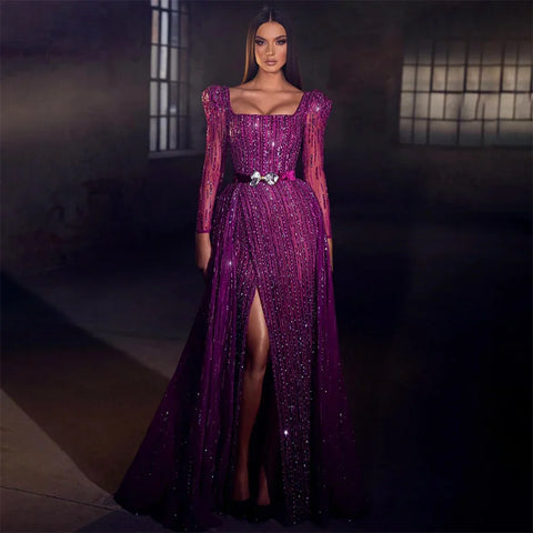 On Sale no return no refund Luxury Dubai Fuchsia Evening Dresses for Women Wedding 2025 Long Sleeve Overskirt Arabic Formal Party LA71678