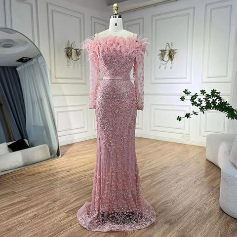 Vestido de noche de lujo con escote barco estilo sirena, elegante, plumas y cuentas, color verde Dubái, para mujer, para fiesta de bodas, LA72553 