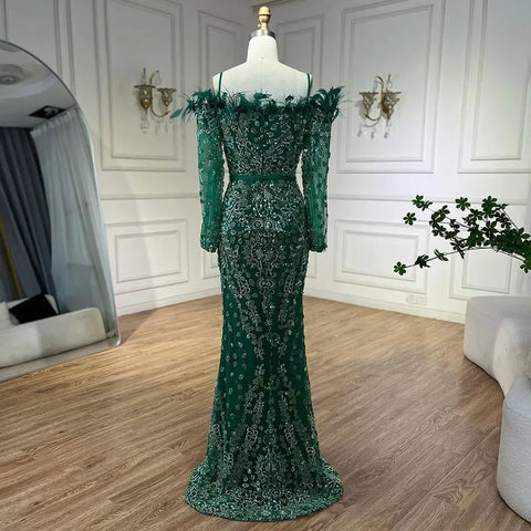 Vestido de noche de lujo con escote barco estilo sirena, elegante, plumas y cuentas, color verde Dubái, para mujer, para fiesta de bodas, LA72553 