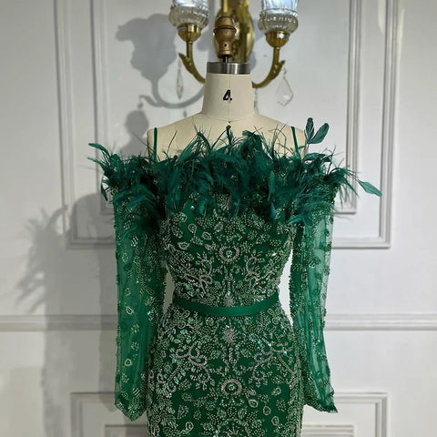 Vestido de noche de lujo con escote barco estilo sirena, elegante, plumas y cuentas, color verde Dubái, para mujer, para fiesta de bodas, LA72553 