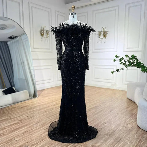 Vestido de noche de lujo con escote barco estilo sirena, elegante, plumas y cuentas, color verde Dubái, para mujer, para fiesta de bodas, LA72553 