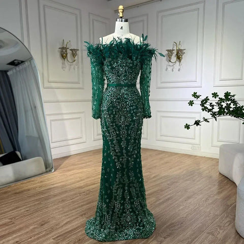 Vestido de noche de lujo con escote barco estilo sirena, elegante, plumas y cuentas, color verde Dubái, para mujer, para fiesta de bodas, LA72553 