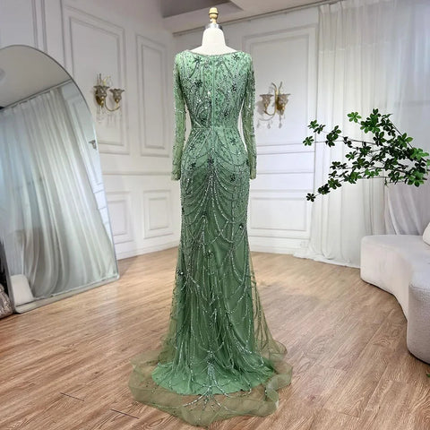 Luxury Dubai Green Mermaid Evening Dress Long Sleeves LA72242