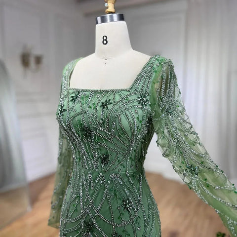 Luxury Dubai Green Mermaid Evening Dress Long Sleeves LA72242