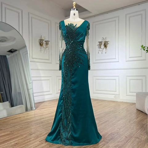 Vestidos de noche de lujo de Dubái con encaje de sirena verde y satén con cuentas, vestidos formales 2025 para mujer, fiesta de bodas LA72202A 