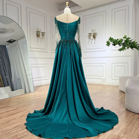 Vestidos de noche de lujo de Dubái con encaje de sirena verde y satén con cuentas, vestidos formales 2025 para mujer, fiesta de bodas LA72202A 