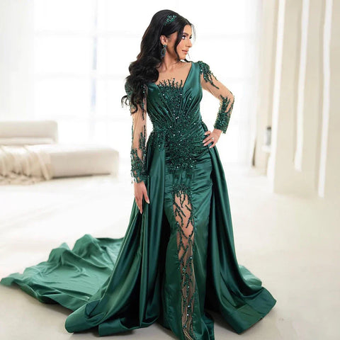Vestidos de noche de lujo de Dubái con encaje de sirena verde y satén con cuentas, vestidos formales 2025 para mujer, fiesta de bodas LA72202A 