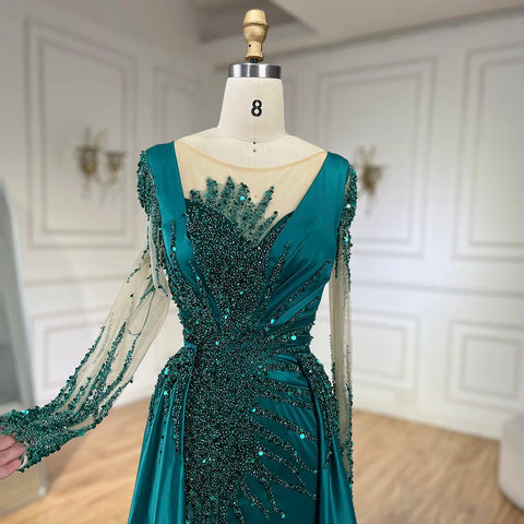 Vestidos de noche de lujo de Dubái con encaje de sirena verde y satén con cuentas, vestidos formales 2025 para mujer, fiesta de bodas LA72202A 