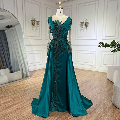 Vestidos de noche de lujo de Dubái con encaje de sirena verde y satén con cuentas, vestidos formales 2025 para mujer, fiesta de bodas LA72202A 