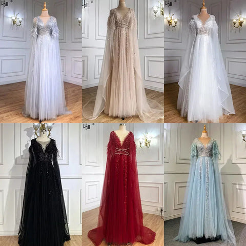 Lujosos vestidos de noche formales de Dubái en gris con capa de plumas, dorados, árabes, para mujer, vestidos largos de fiesta de boda LA70640 
