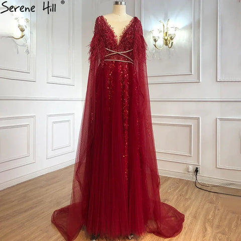 Lujosos vestidos de noche formales de Dubái en gris con capa de plumas, dorados, árabes, para mujer, vestidos largos de fiesta de boda LA70640 