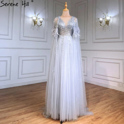 Lujosos vestidos de noche formales de Dubái en gris con capa de plumas, dorados, árabes, para mujer, vestidos largos de fiesta de boda LA70640 